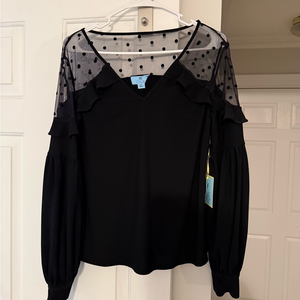 BRAND NEW CeCe Black Polka Dot Mesh Ruffle Long-Sleeve Blouse